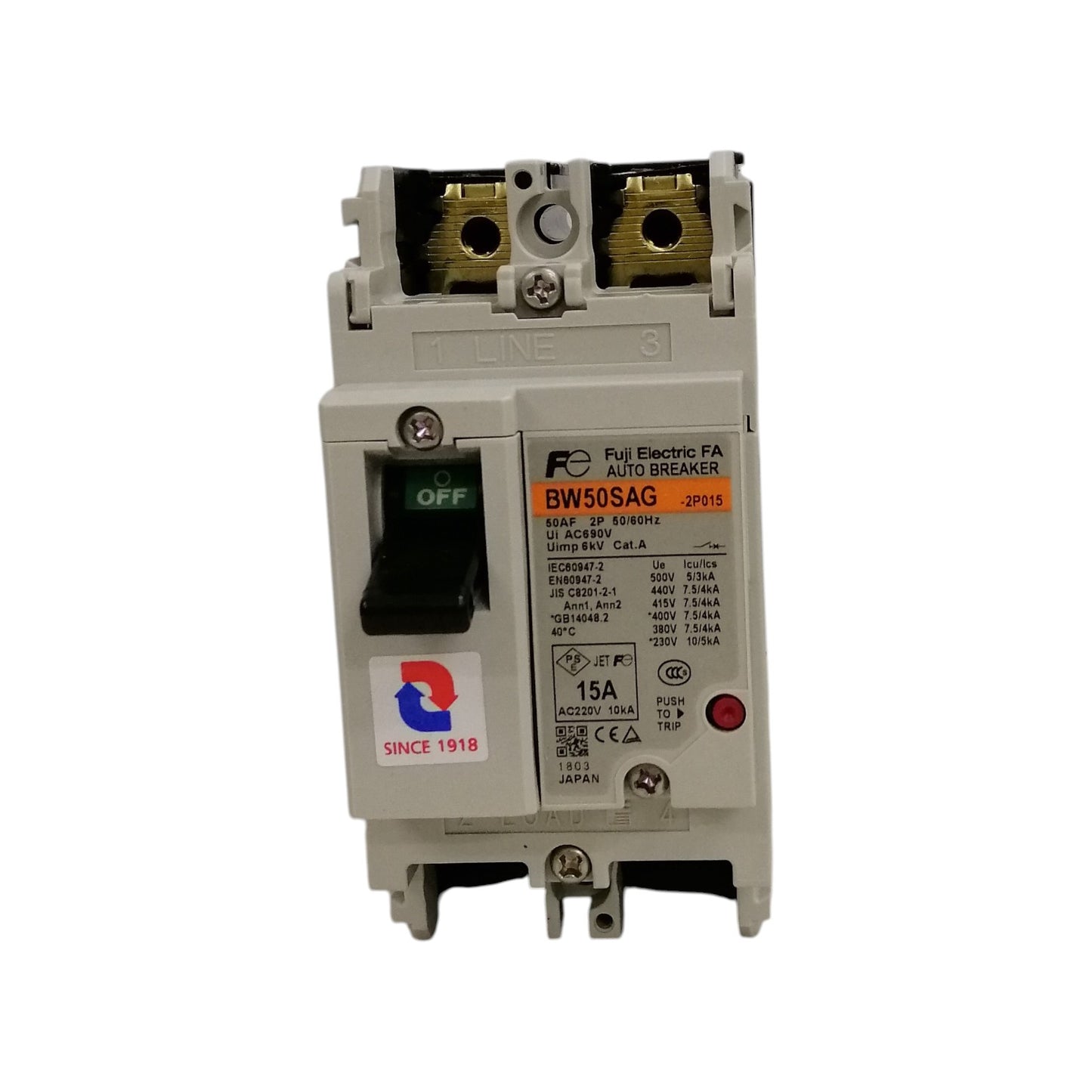 Fuji circuit breaker BW50SAG-CE 15A breaker 10kAIC 230VAC single pole molded case with OFF switch