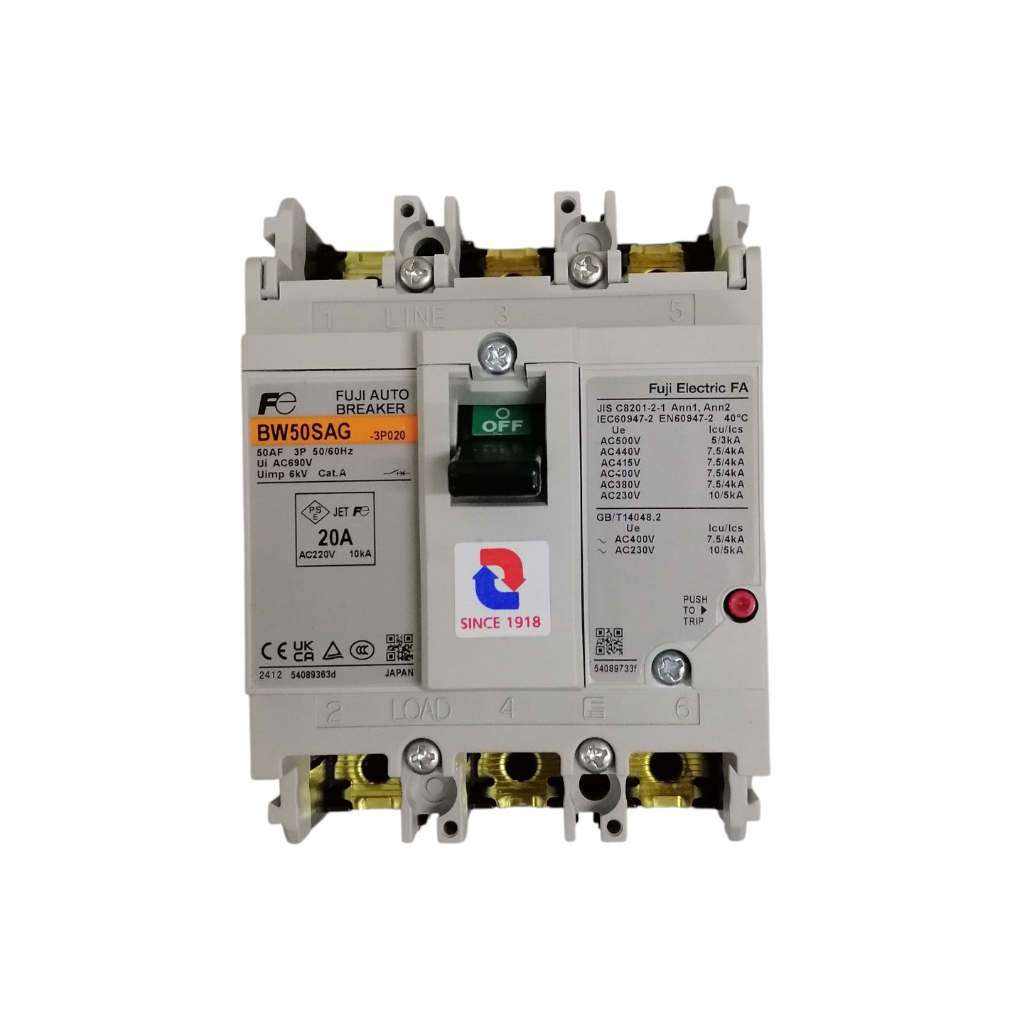 Fuji MCCB 20A molded case circuit breaker. Gray three pole industrial breaker with green ON OFF switch and terminal studs