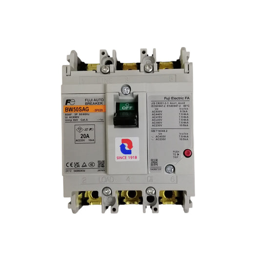 Fuji MCCB 20A molded case circuit breaker. Gray three pole industrial breaker with green ON OFF switch and terminal studs