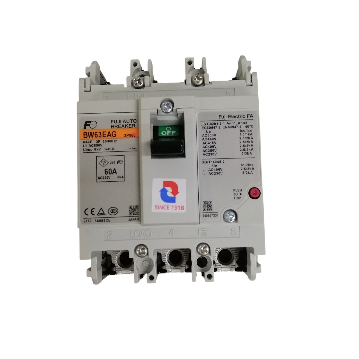 Fuji 3 pole industrial circuit breaker 60 amp with manual reset switch and durable design for safety
