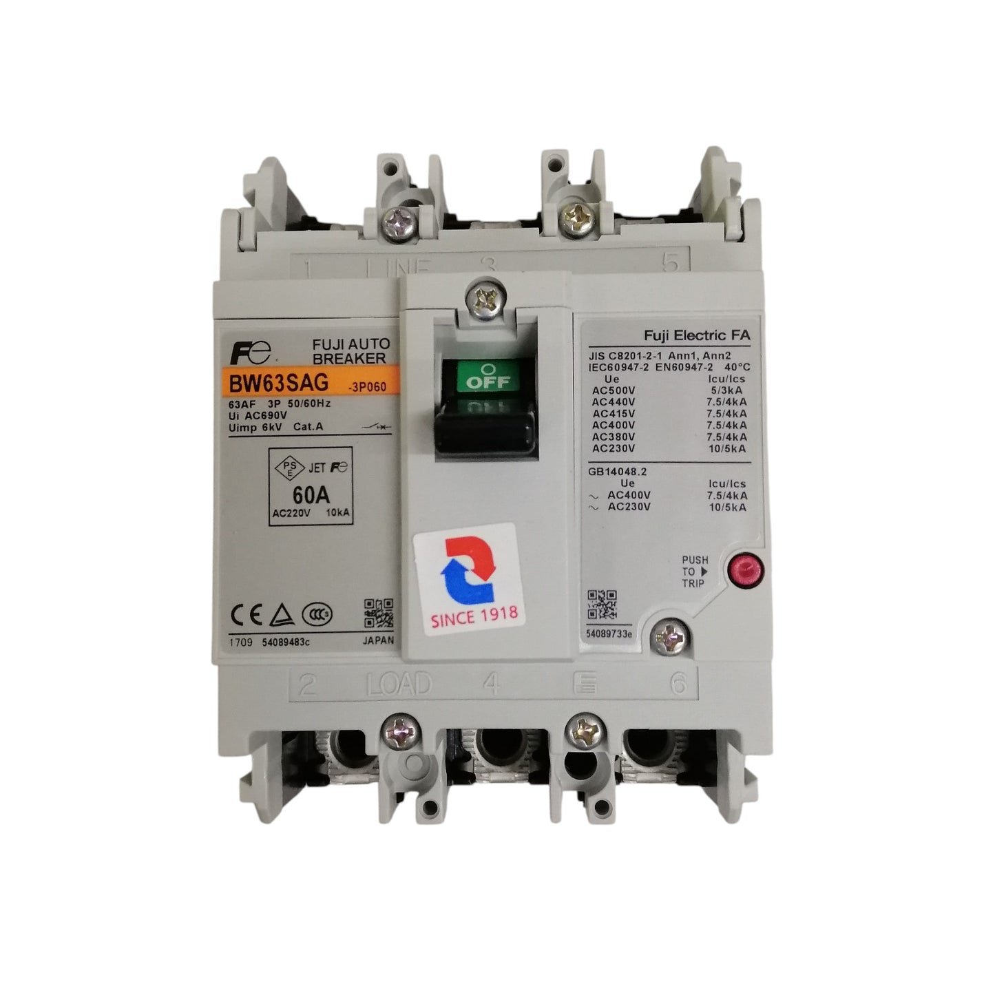 Fuji MCCB Molded Case Circuit Breaker BW63SAG-CE 60A 3Pole 10kAIC@230VAC, 7.5kAIC@380/440VAC, 5kAIC@500VAC Dimension (mm):75(W)x 100(H)x 60(D)