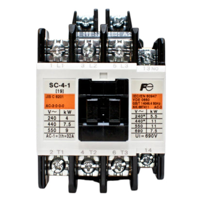 Electrical contactor with technical specifications on a white background