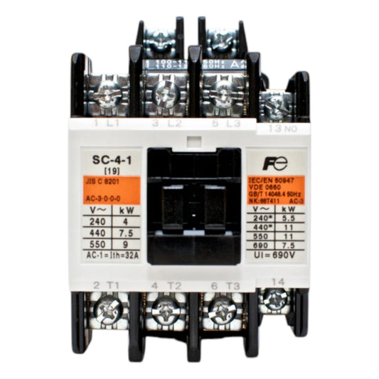 Electrical contactor with technical specifications on a white background