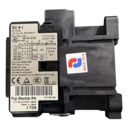 Black electrical component with labels and certification logos on a white background