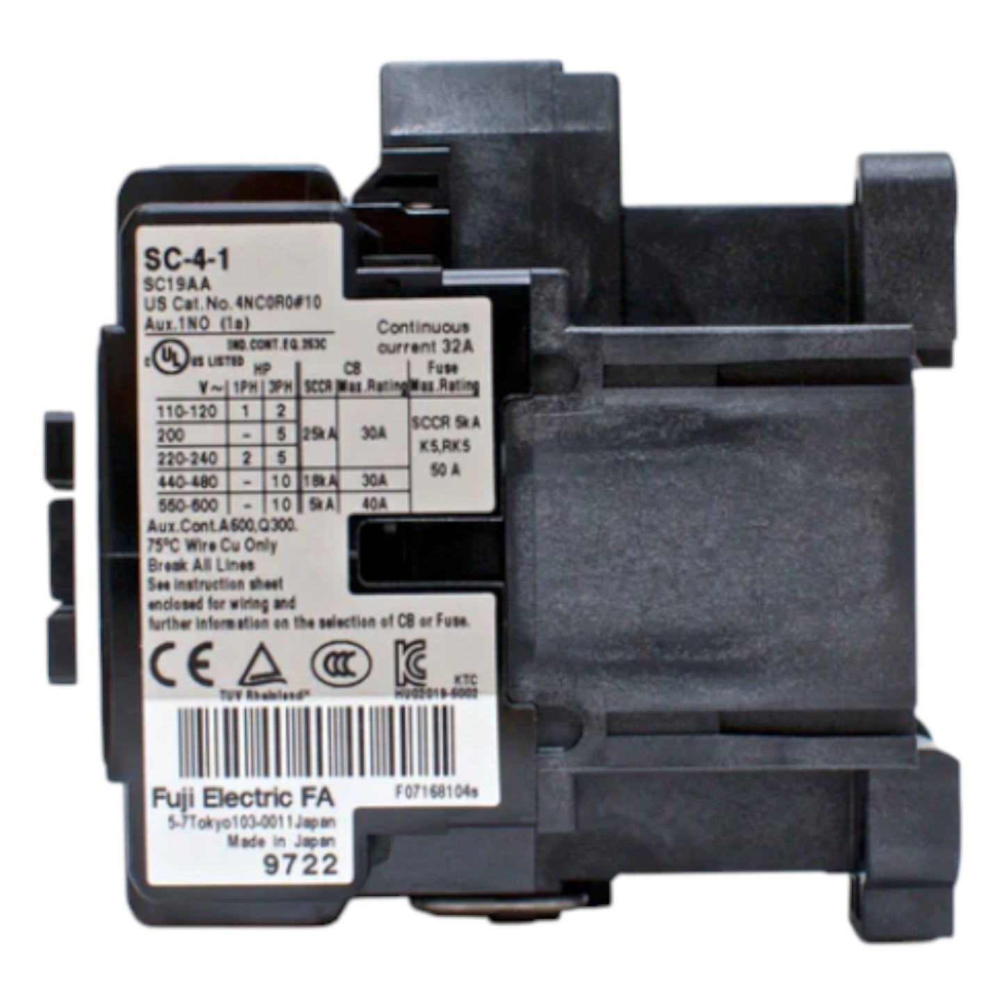 Black electrical contactor with label on a white background