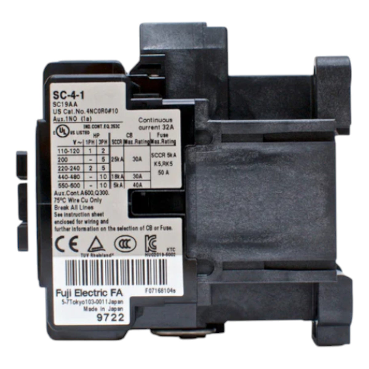 Black electrical contactor with label on a white background