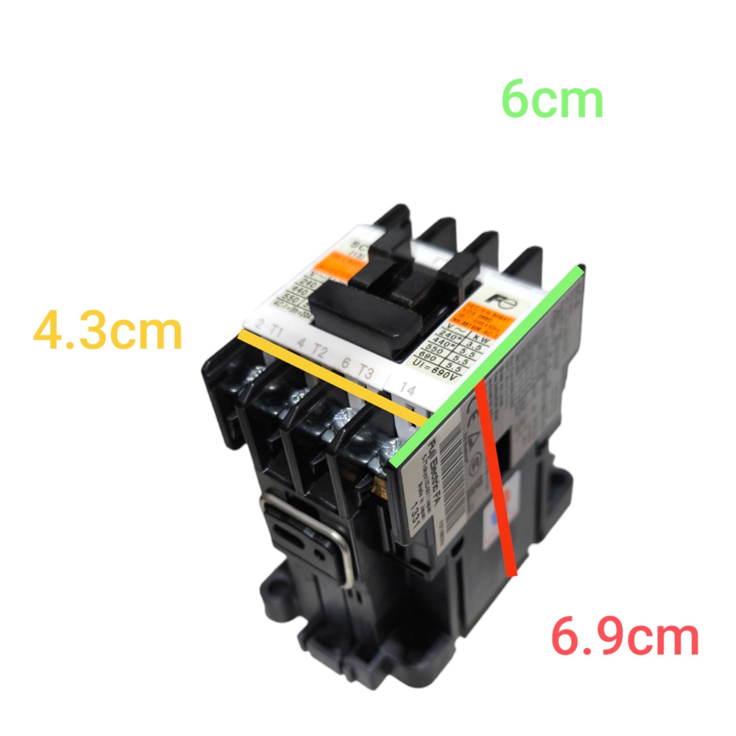 Electrical contactor with dimensions labeled on a white background