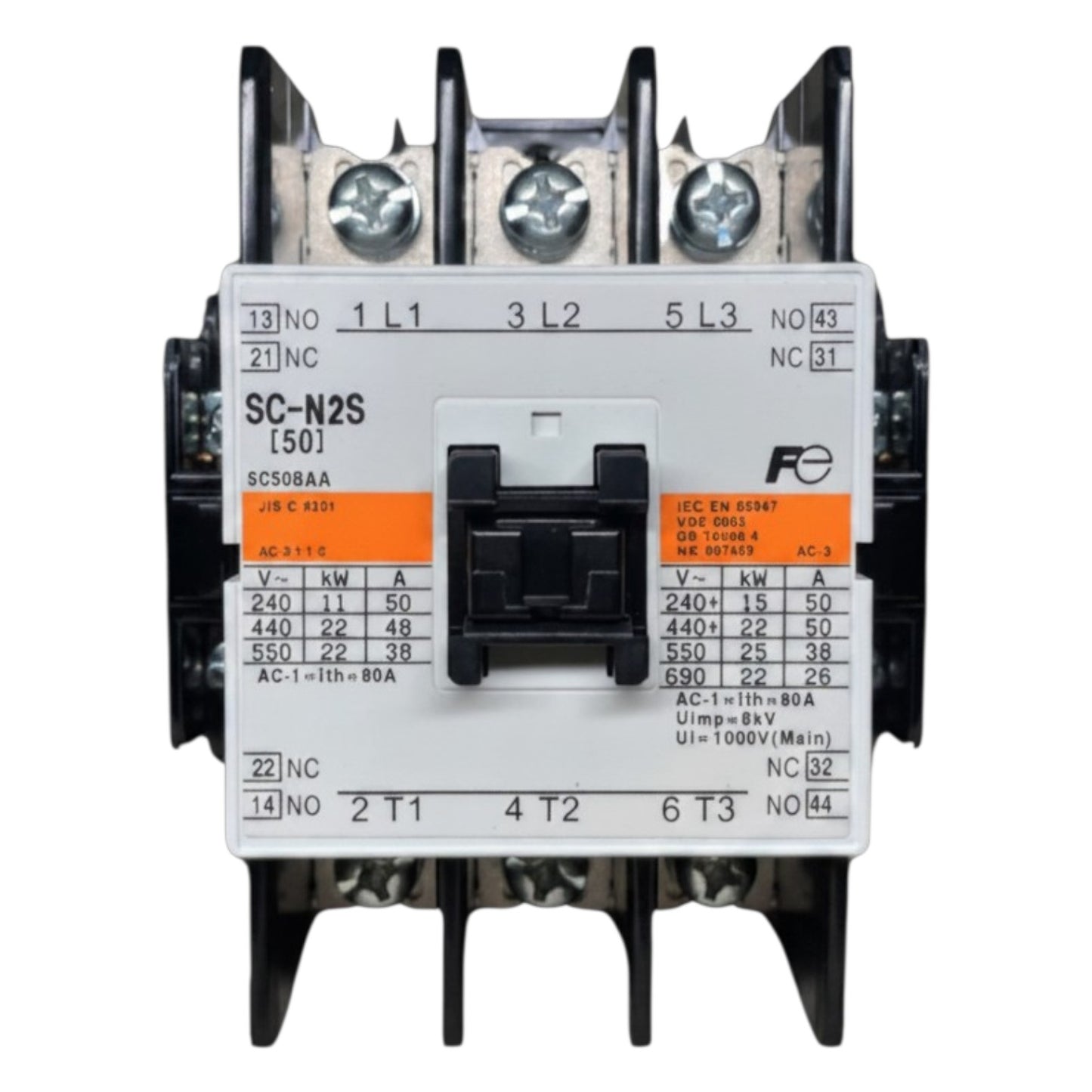 Electrical contactor with labeled specifications on a white background