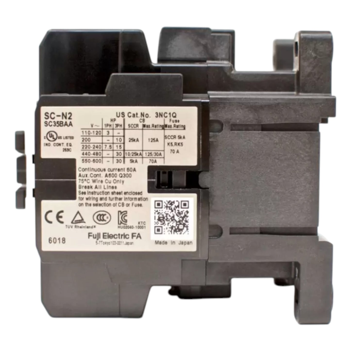 Electrical contactor with technical specifications on a white background