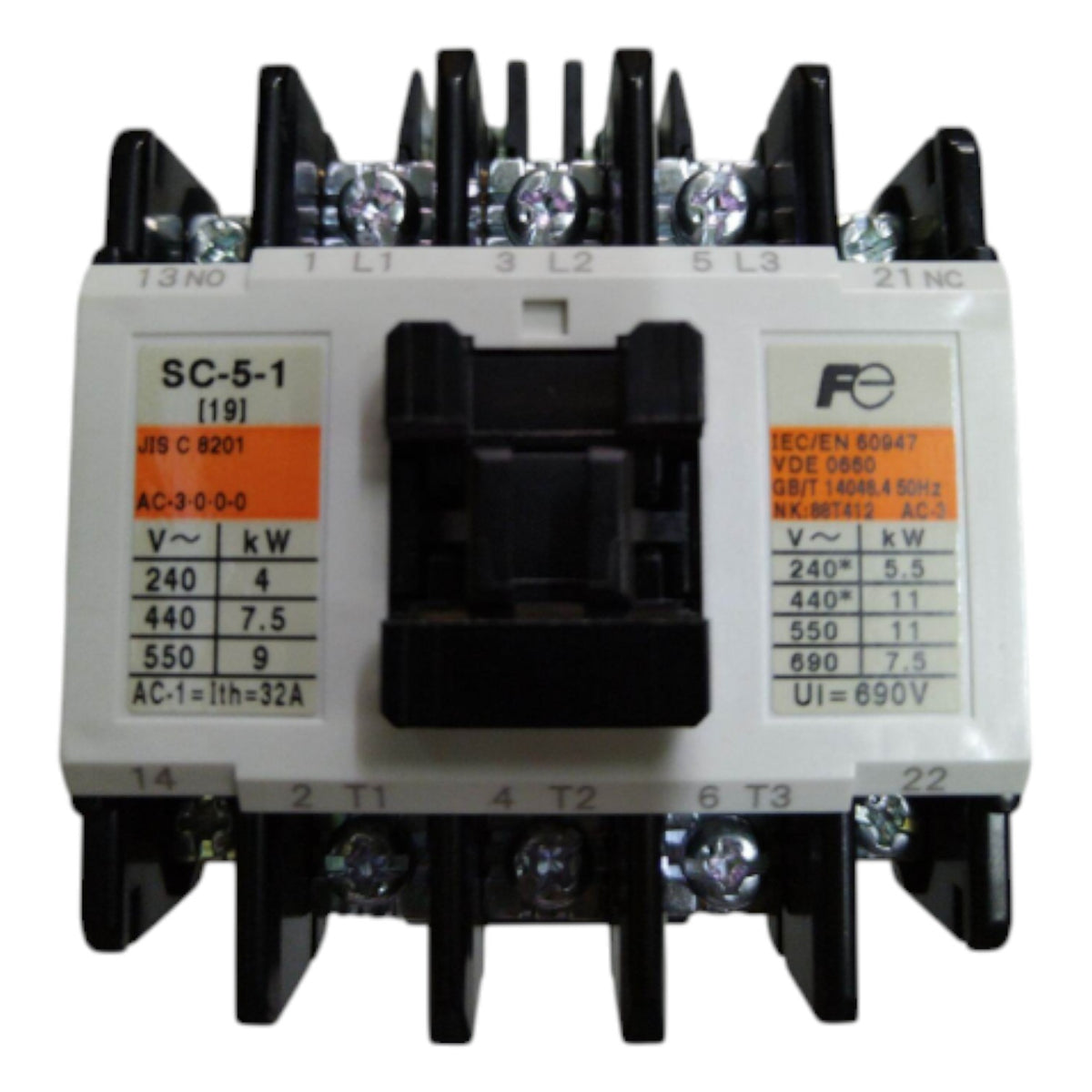 Electrical contactor with technical specifications on a white background