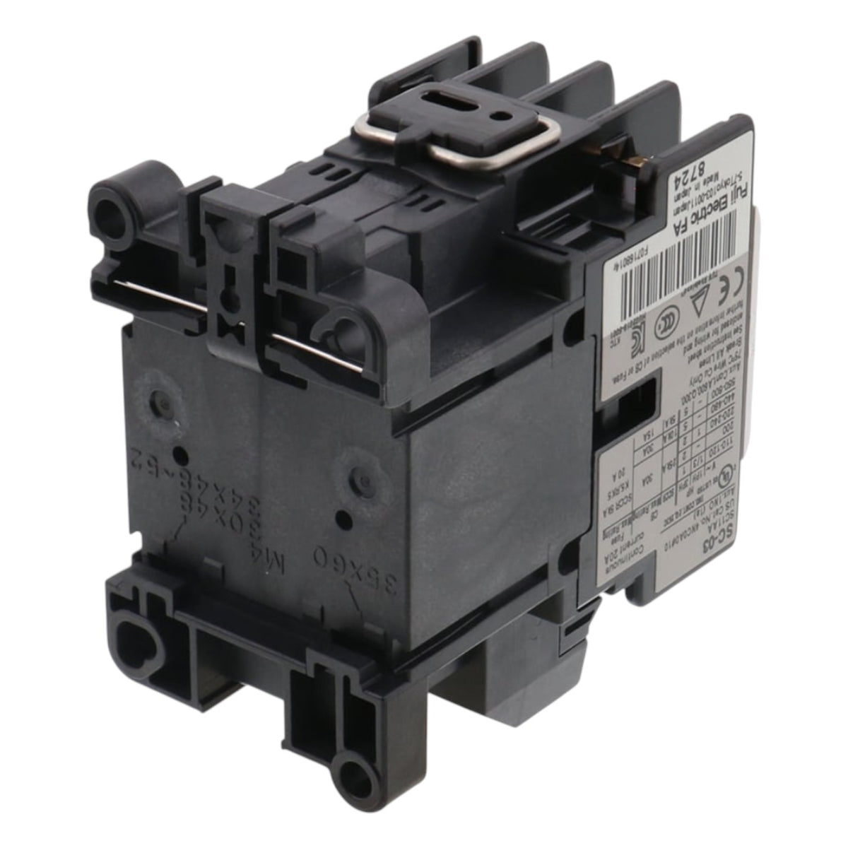 Black electrical contactor on a white background