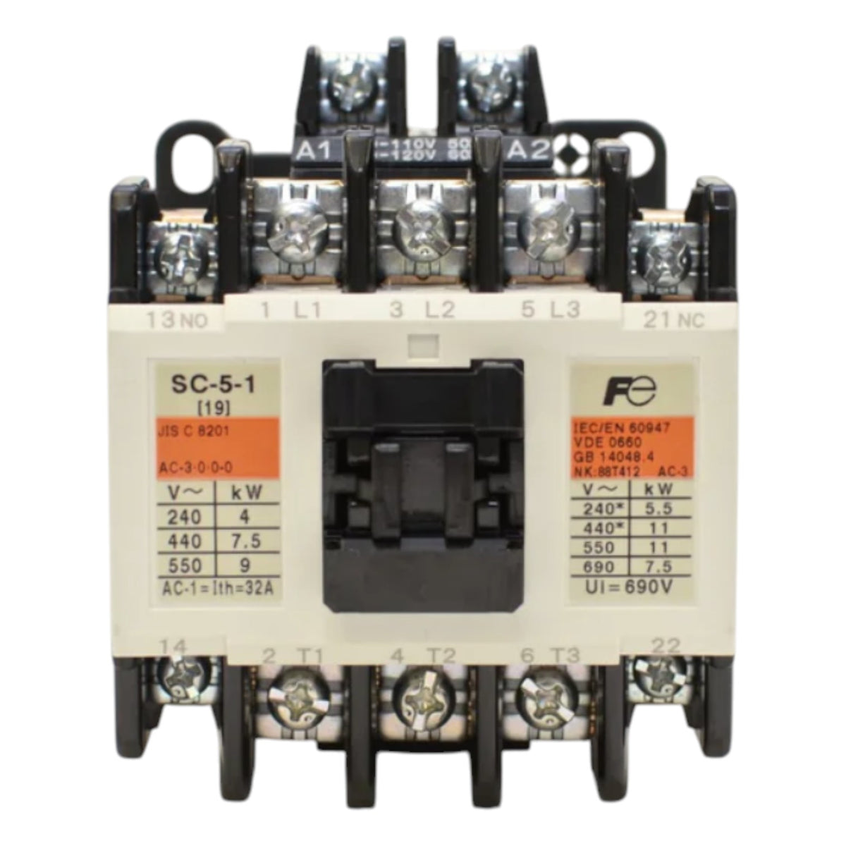 Electrical contactor with technical specifications on a white background
