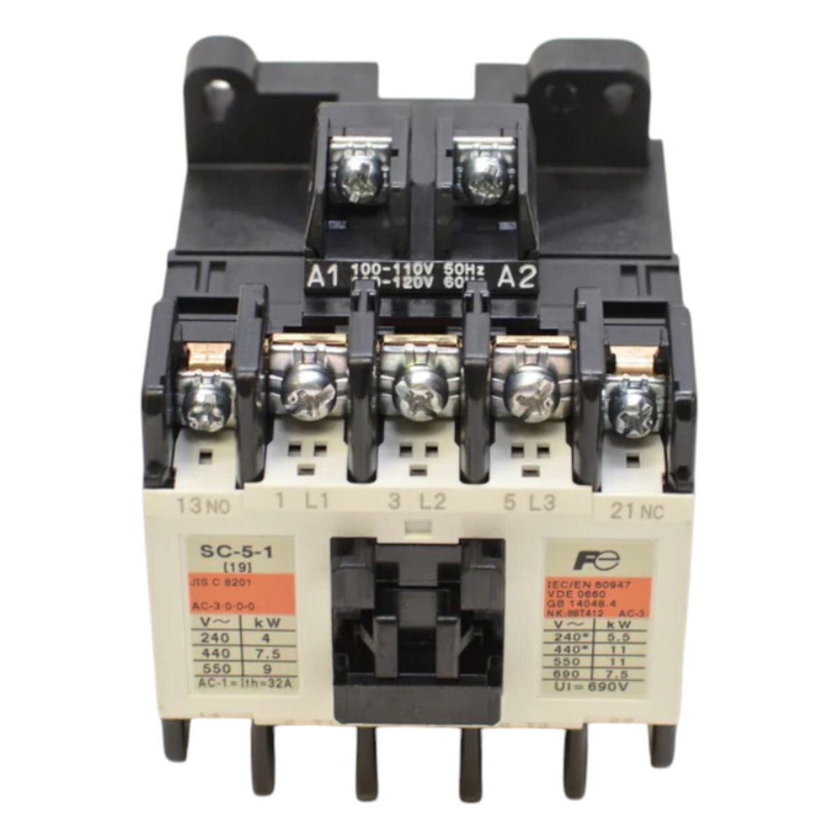 Electrical contactor with labeled terminals on a white background