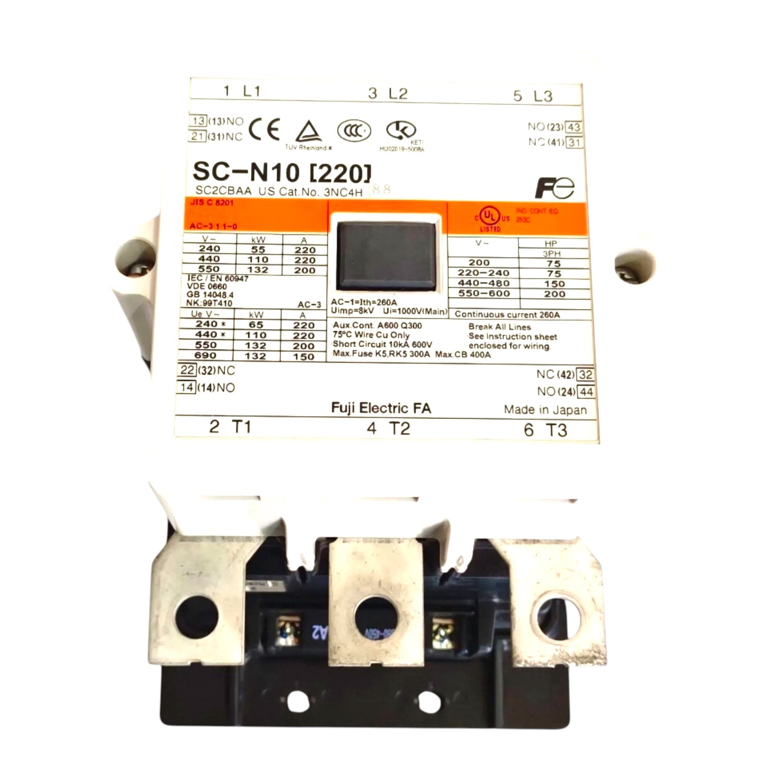 A Fuji Electric SC-N10 [220] AC circuit breaker shown from the front with its label visible, and a second view below showing the metal terminal connections and black housing against a white background.