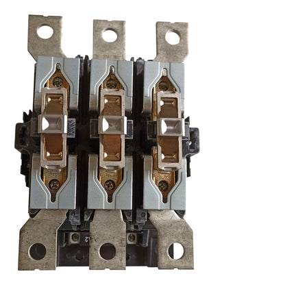 A three-pole electrical contactor or relay component with silver metal housings, copper-toned internal contacts, and mounting tabs on a plain white background.