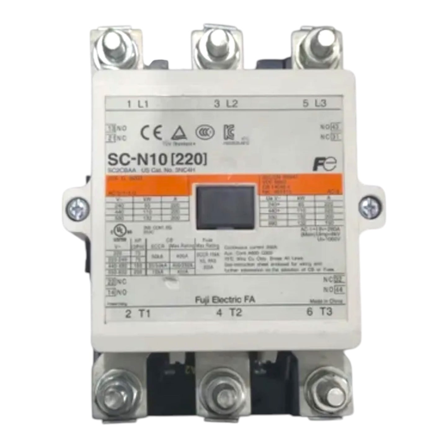 A Fuji Electric SC-N10 (220) AC contactor shown against a plain white background. The device is primarily white plastic with silver metal terminal screws on the top and bottom, a black central display window, and an orange label on the front face.
