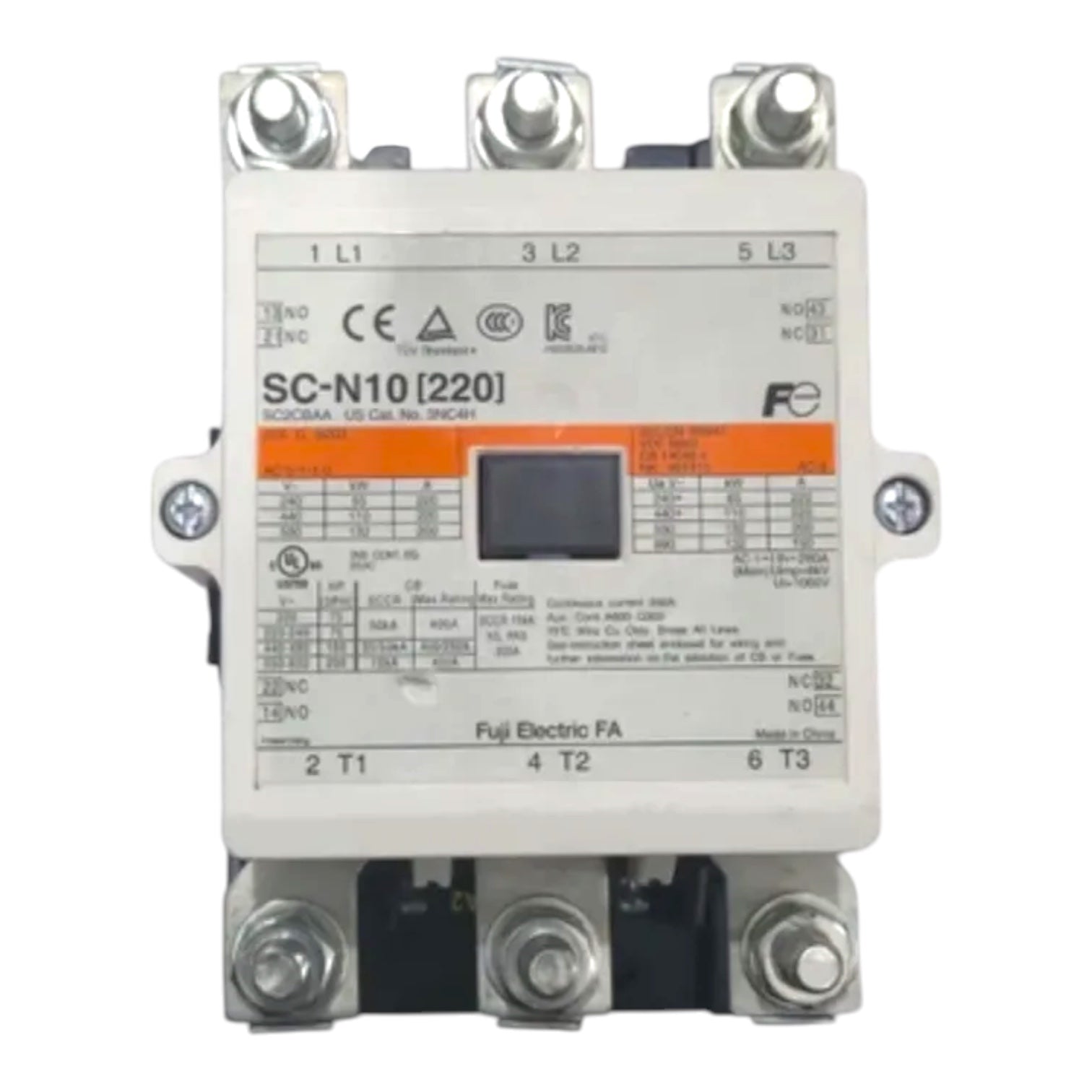 A Fuji Electric SC-N10 (220) AC contactor shown against a plain white background. The device is primarily white plastic with silver metal terminal screws on the top and bottom, a black central display window, and an orange label on the front face.