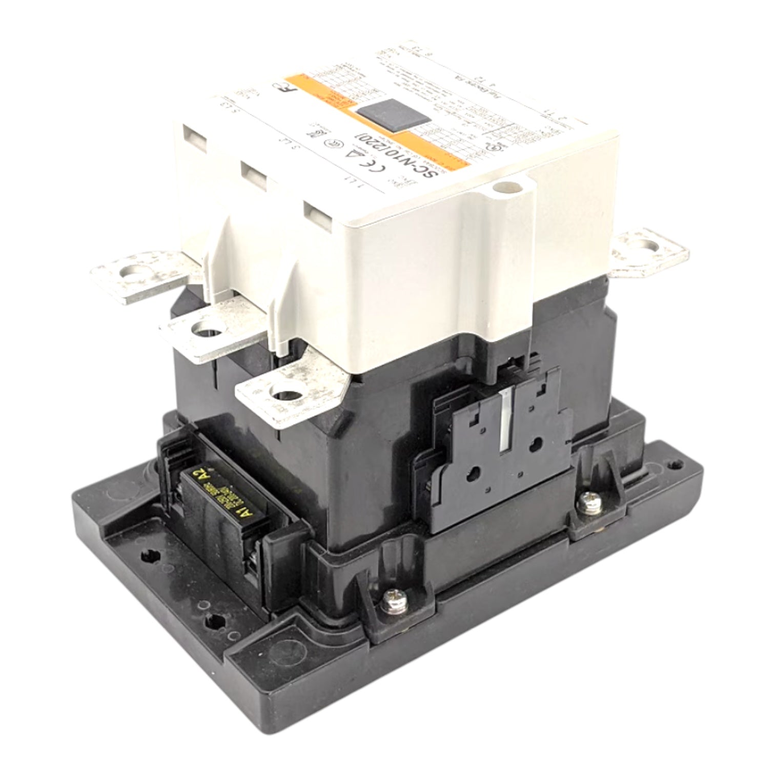 An industrial electrical contactor or relay component with a white top housing and a black base, featuring metal terminal bars and a small yellow label, shown on a white background.