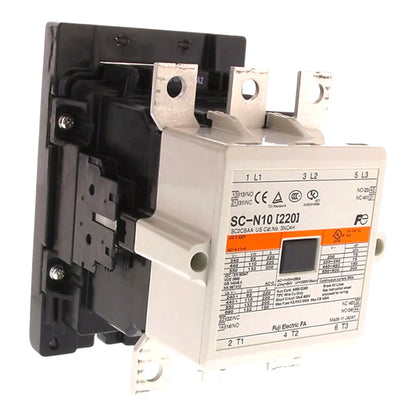 A Siemens electrical contactor, model SC-N10 I2201, with a black internal mechanism and a white front faceplate featuring an orange label and technical specifications.