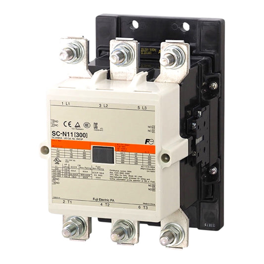 A Schneider Electric SC-N111300 full electric contactor shown against a plain white background. The contactor features a white front panel with an orange stripe, silver metal terminal blocks, and a black rear housing.