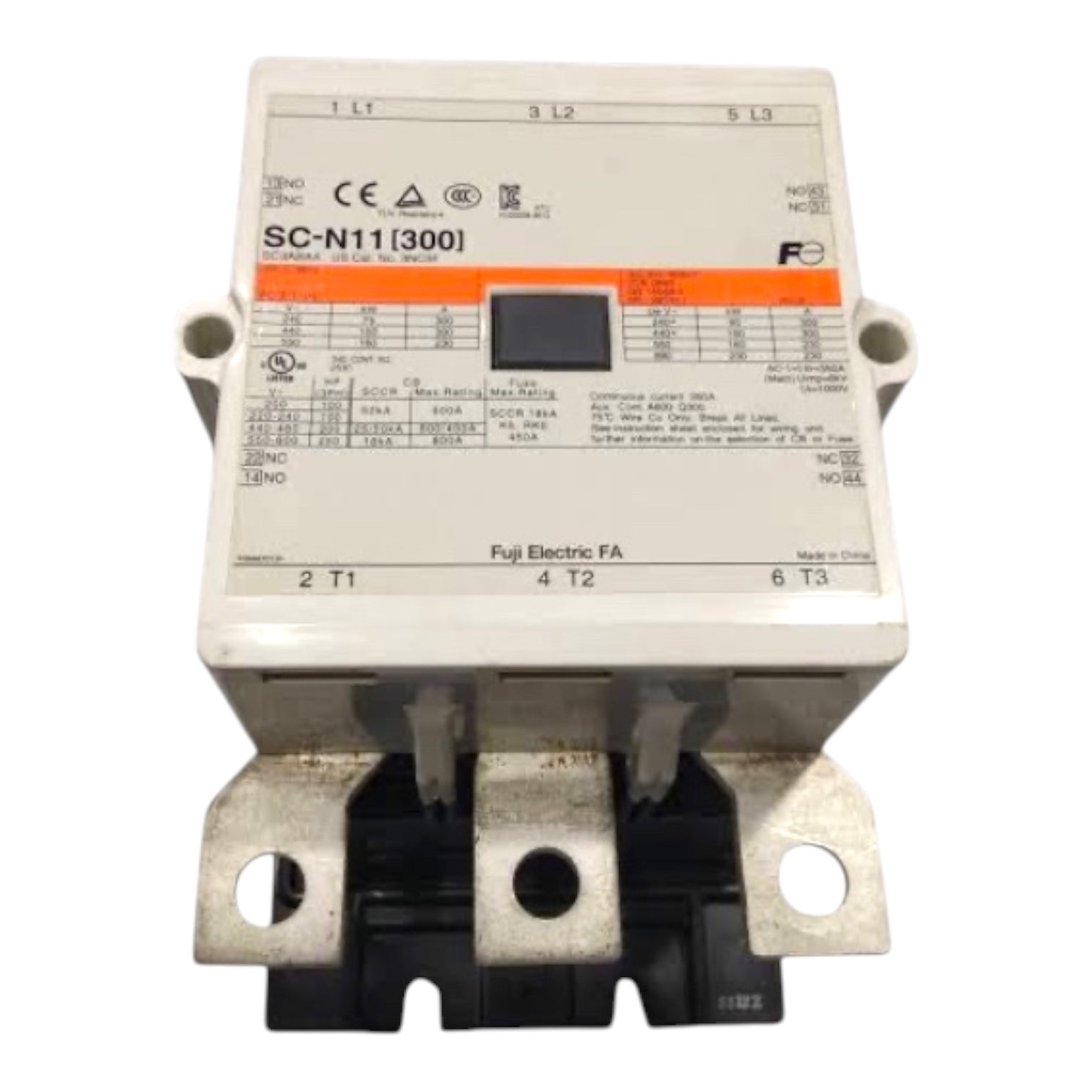 A Fujin Electric FA SC-N11(300) circuit breaker with a white plastic housing, silver metal terminal blocks, and a black base, shown against a plain white background.