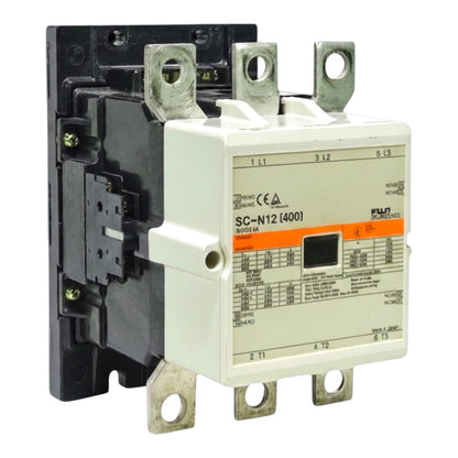 A FUJI electric contactor, model SC-N12 [400], featuring a white front casing with an orange accent strip and technical specifications printed on it, alongside a black internal coil assembly and metal terminal posts.