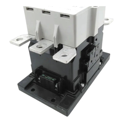 An industrial electrical contactor or relay component with a black plastic base and a light gray top housing, shown on a plain white background.