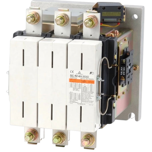 A three-phase industrial contactor relay with white front panels, brass terminal screws, and a metal mounting bracket, shown on a plain white background.