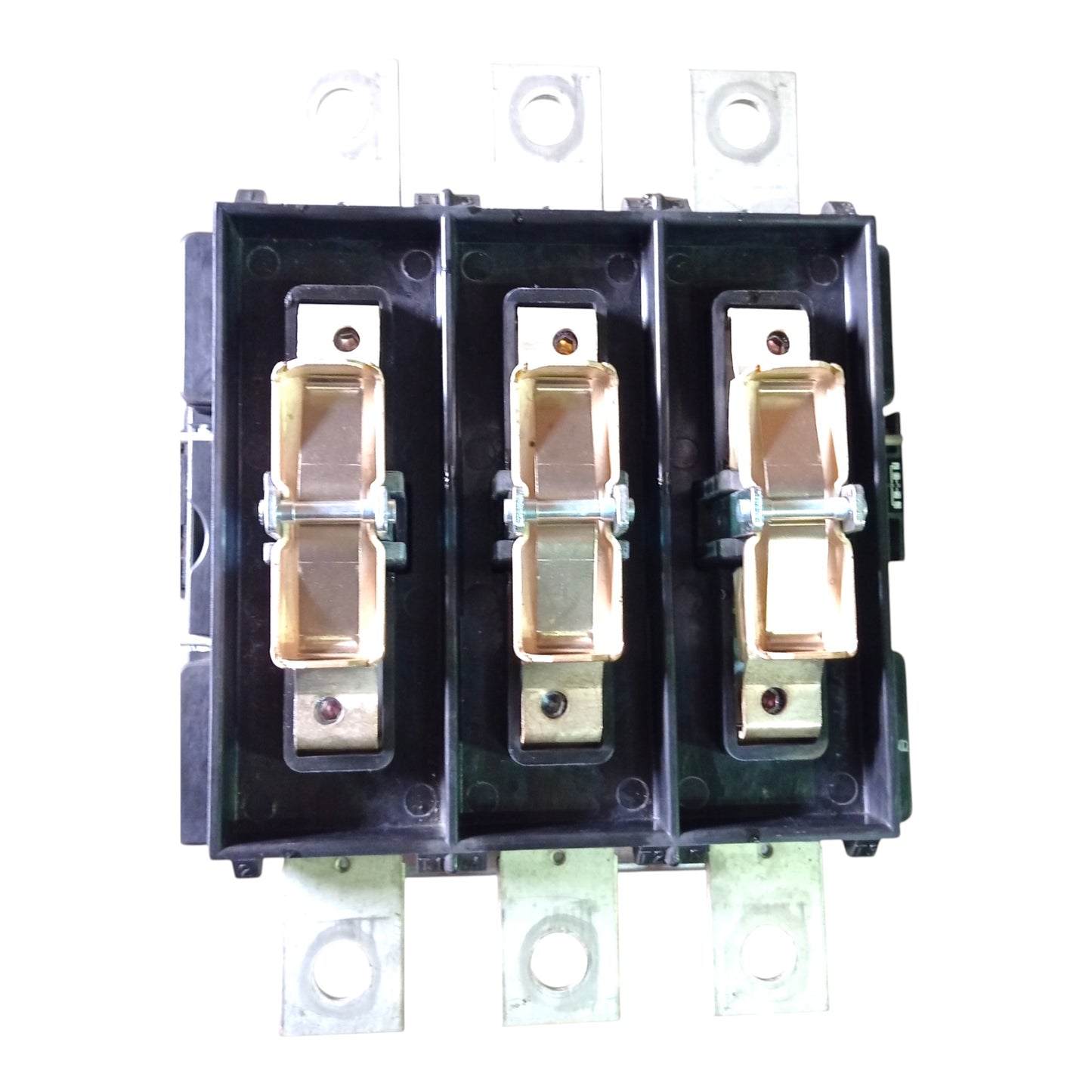 A three-pole black electrical contactor or relay component with gold-colored metal contacts and silver terminal bars, shown against a plain white background.
