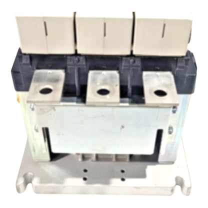 An industrial electrical contactor or relay component with a silver metal body, black top insulator blocks, and three beige terminal blocks on a white background.