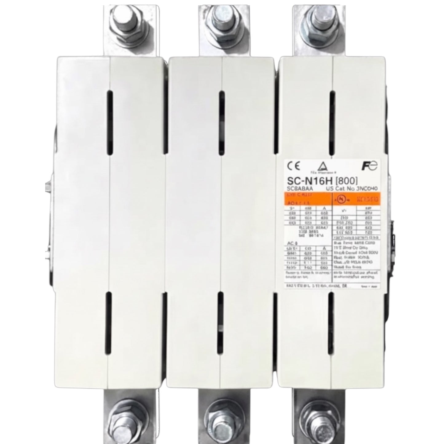 A three-pole industrial electrical contactor or relay component, model SC-N16H [800], featuring white plastic housing and silver metal terminal screws with lock nuts, shown against a plain white background.