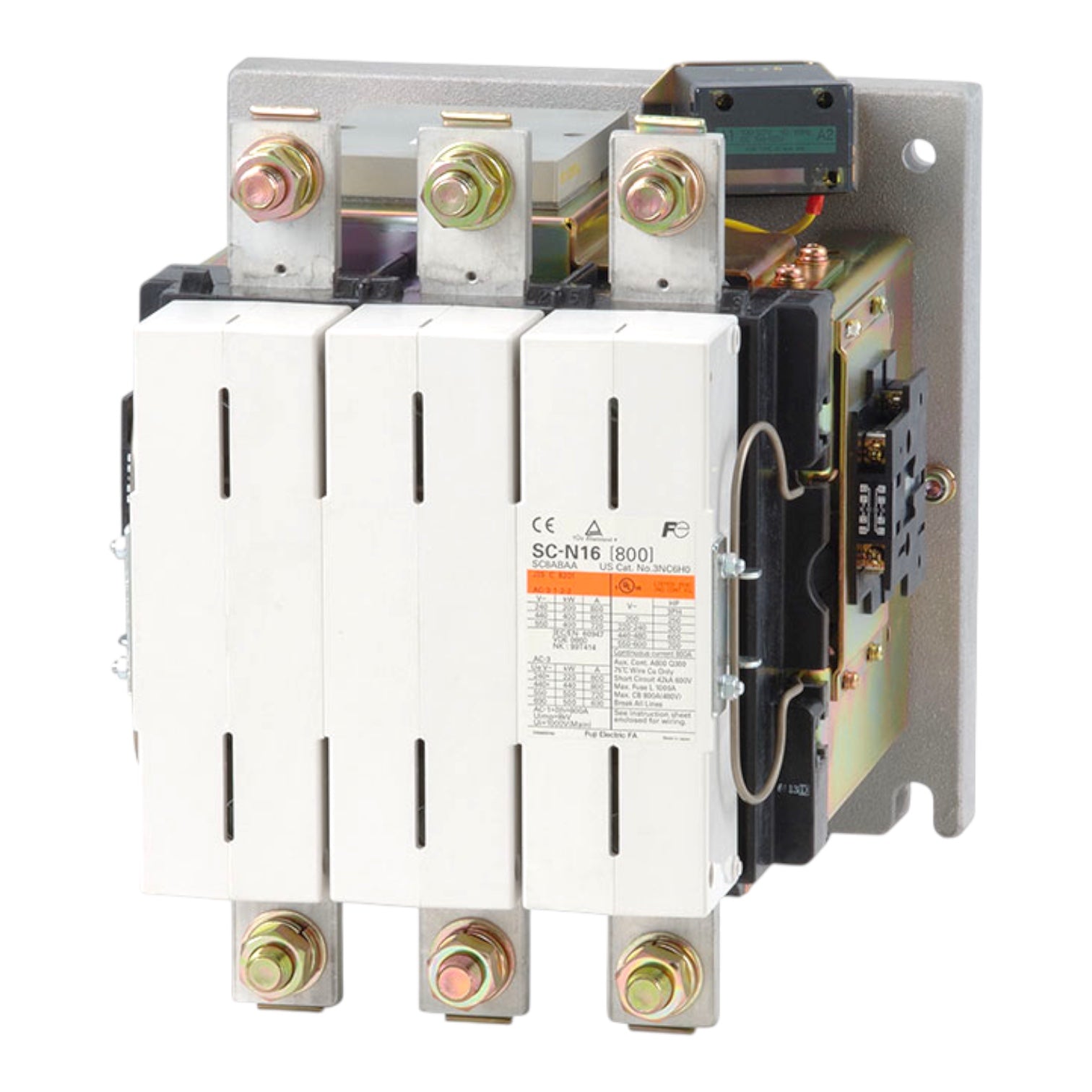 A three-phase industrial contactor relay, model SC-N16 800I, featuring three white front panels, brass terminal screws, and a visible internal coil mechanism on a white background.