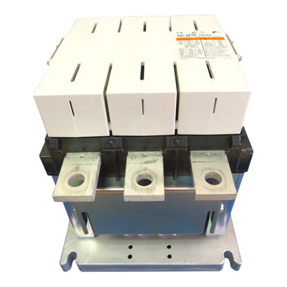 A large industrial electrical transformer or switch component with a white top housing, black middle section, blue base, and silver metal mounting feet, photographed on a plain white background.