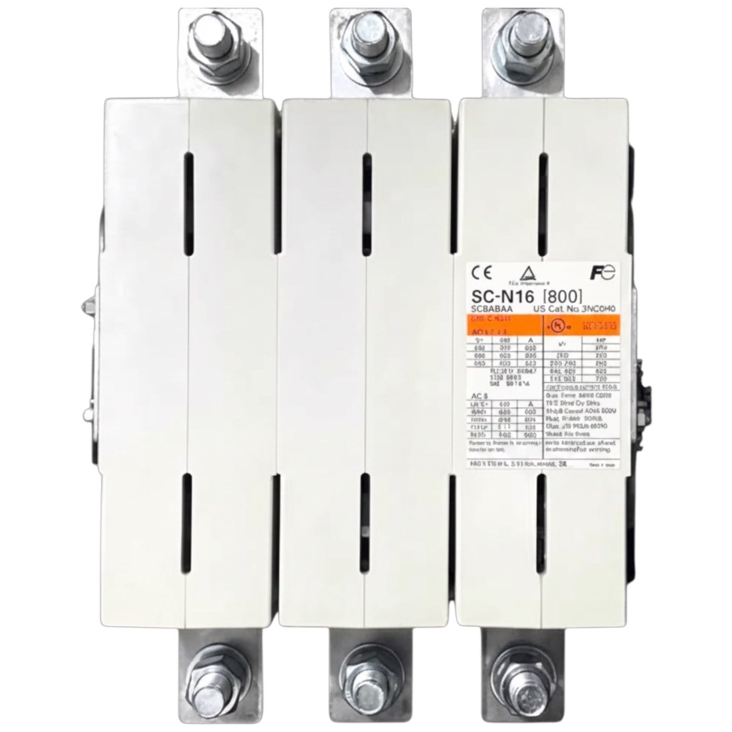 A three-pole industrial circuit breaker with a white plastic housing, silver metal terminal blocks with mounting bolts, and a detailed technical label on the right side.