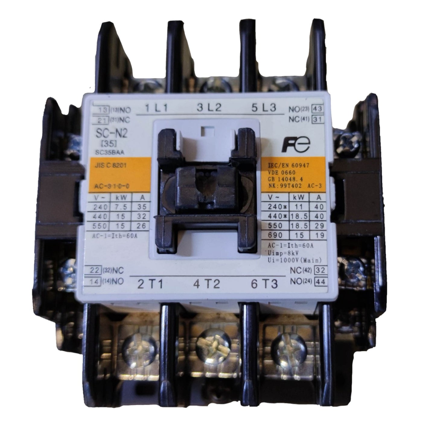 Electrical contactor with brand label on a white background