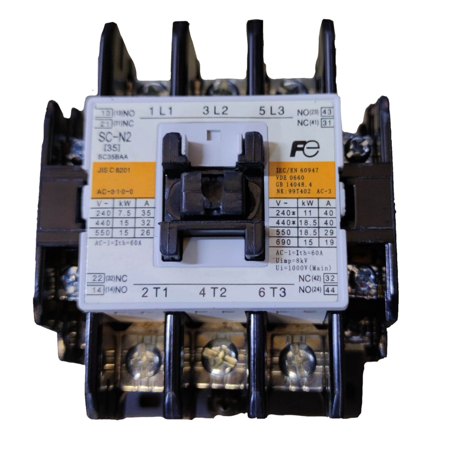 Electrical contactor with brand label on a white background