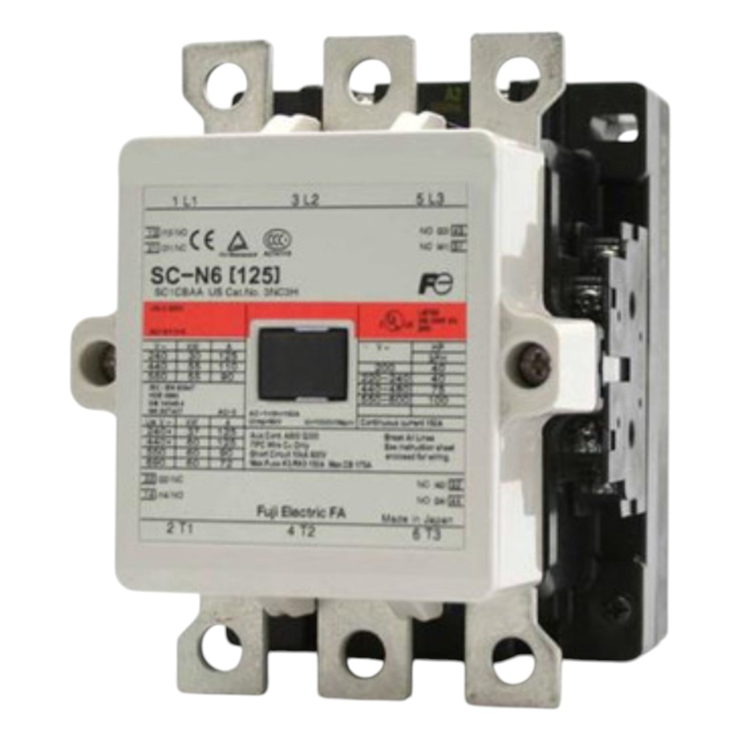 Electrical contactor with technical specifications on a white background