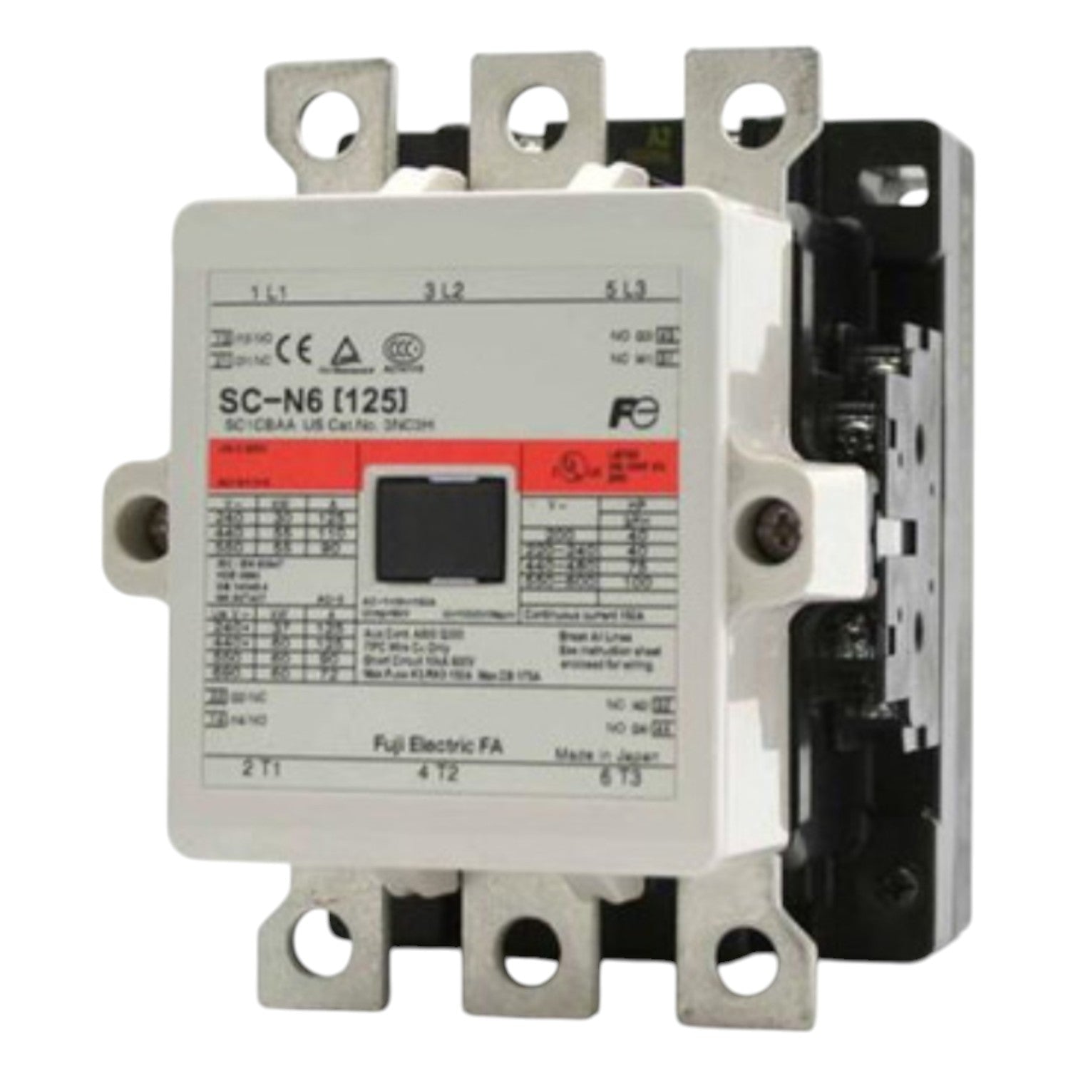Electrical contactor with technical specifications on a white background