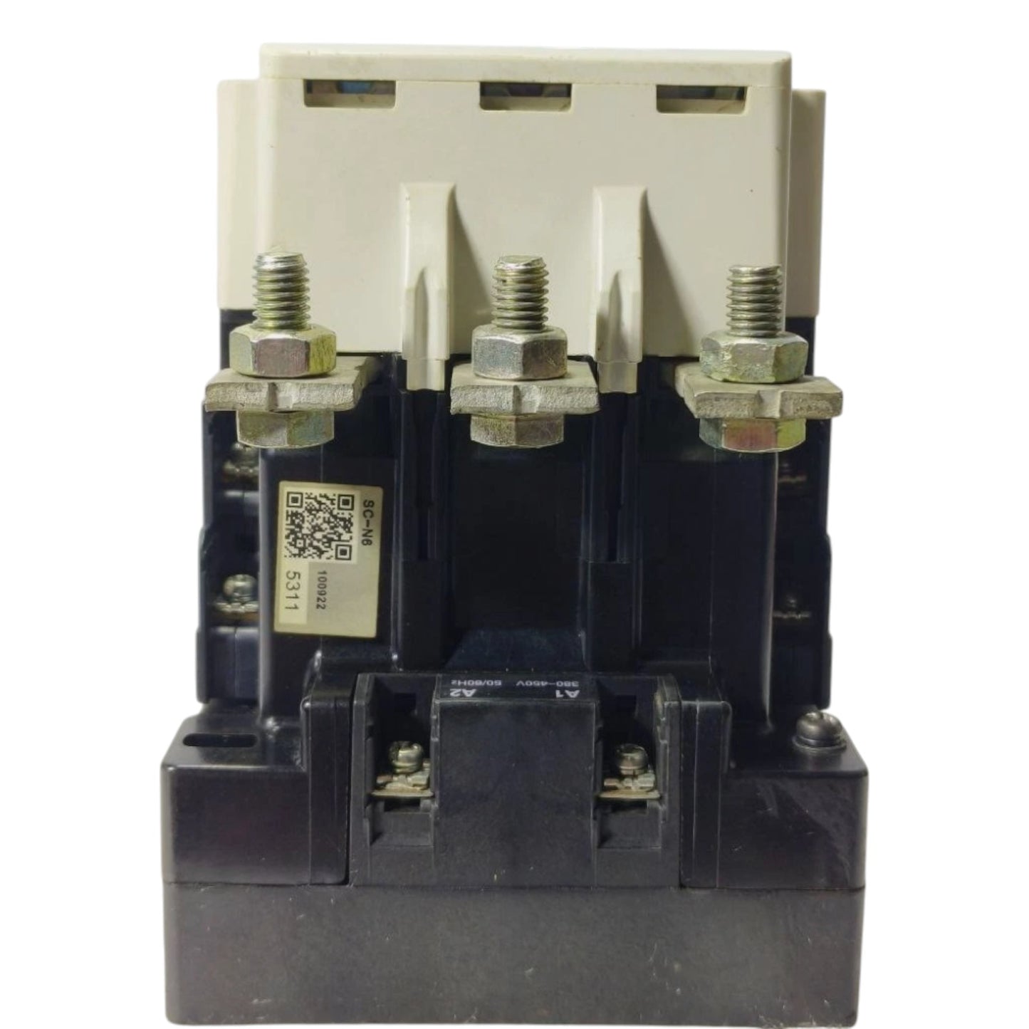 Electrical contactor with three screws and a QR code label on a white background