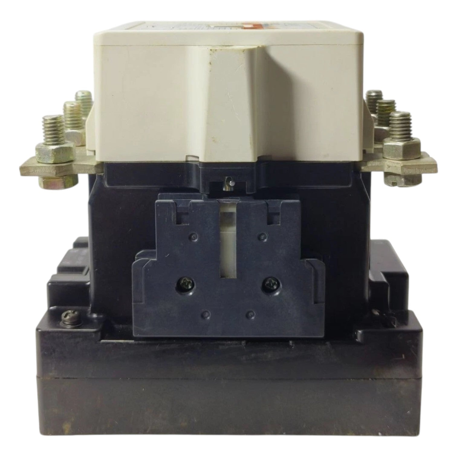Electrical contactor with black base and beige top on a white background