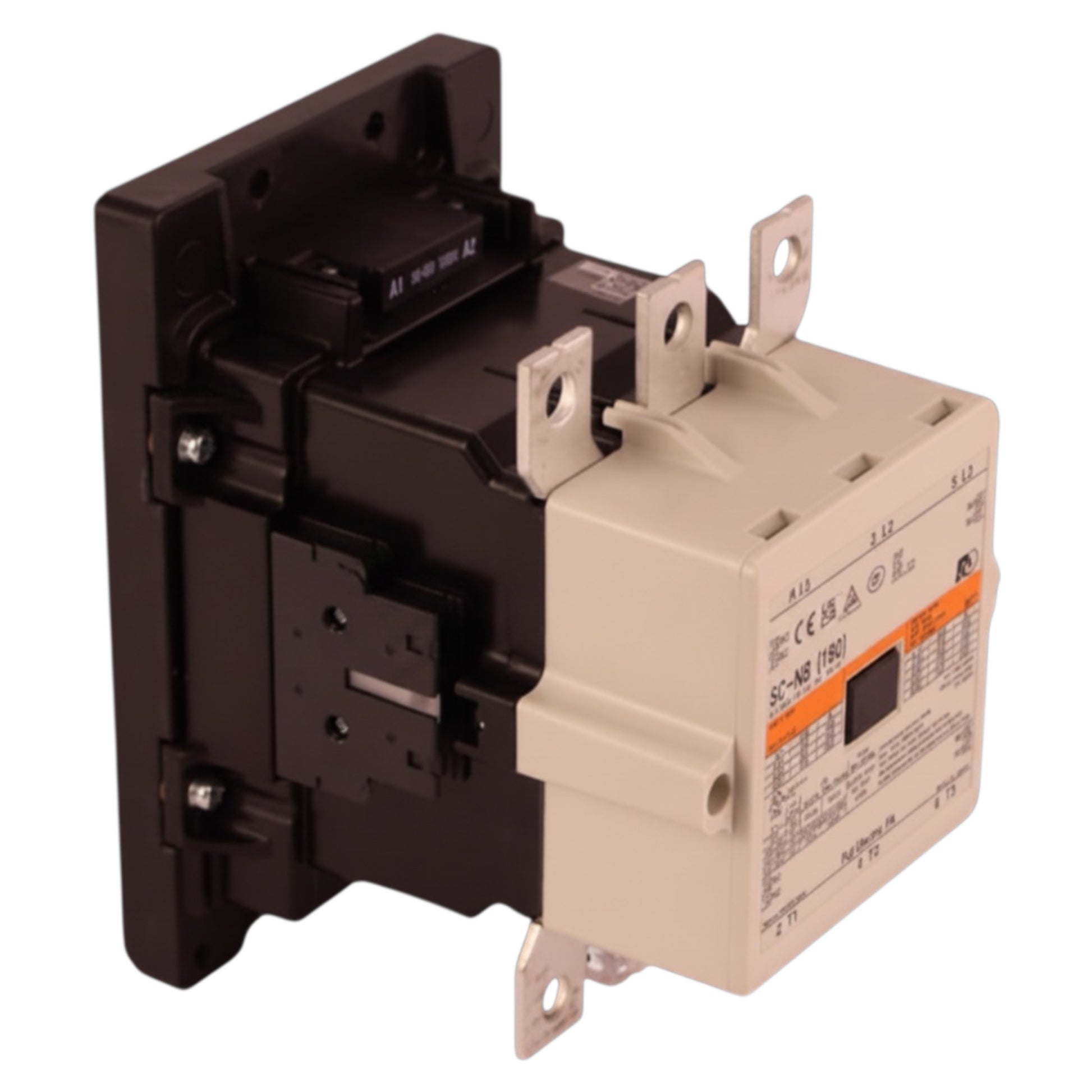 An industrial electrical contactor with a black main body and a beige terminal housing, featuring metal mounting tabs and a small orange label on the front.