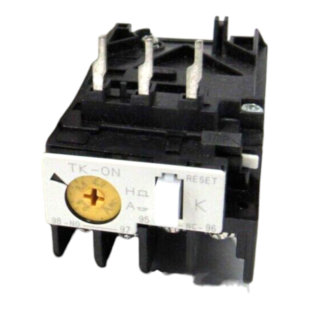 A black electrical thermal relay with a white front label, featuring a gold-colored dial, white reset and on-switch levers, and three metal terminal posts, shown against a plain white background.