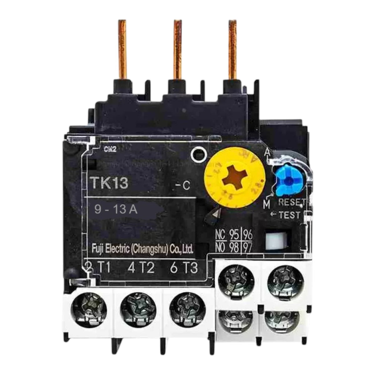 A thermal overload relay component from Fuji Electric, featuring a black main body, white terminal blocks, copper-colored metal pins on top, a yellow adjustment knob, and a blue reset/test button, shown against a plain white background.
