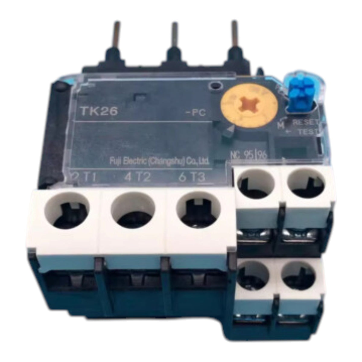 A Fujik Electric TK26 thermal overload relay with a transparent casing, dark blue plastic housing, white terminal blocks, and a gold-colored temperature sensor.