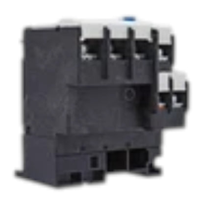 A dark gray electrical contactor or relay component with white terminal covers and a small blue top accent, shown on a plain white background.