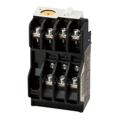 A black electrical contactor with six terminal posts, silver screw terminals, and a white top cover on a plain white background.