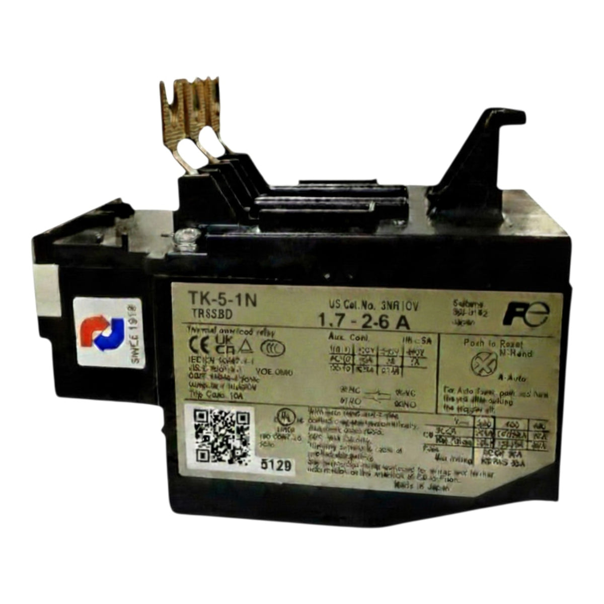 A black electrical contactor relay component with a silver label, featuring terminal posts at the top and a white product sticker on the side, photographed against a plain white background.