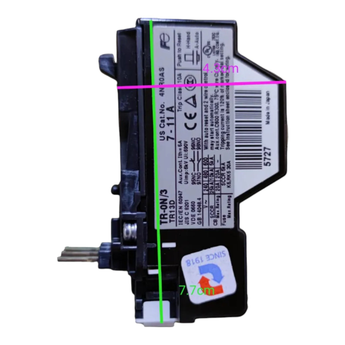 A black electrical contactor or relay component with a white technical label, shown on a plain white background with pink and green measurement lines overlaid on the product.