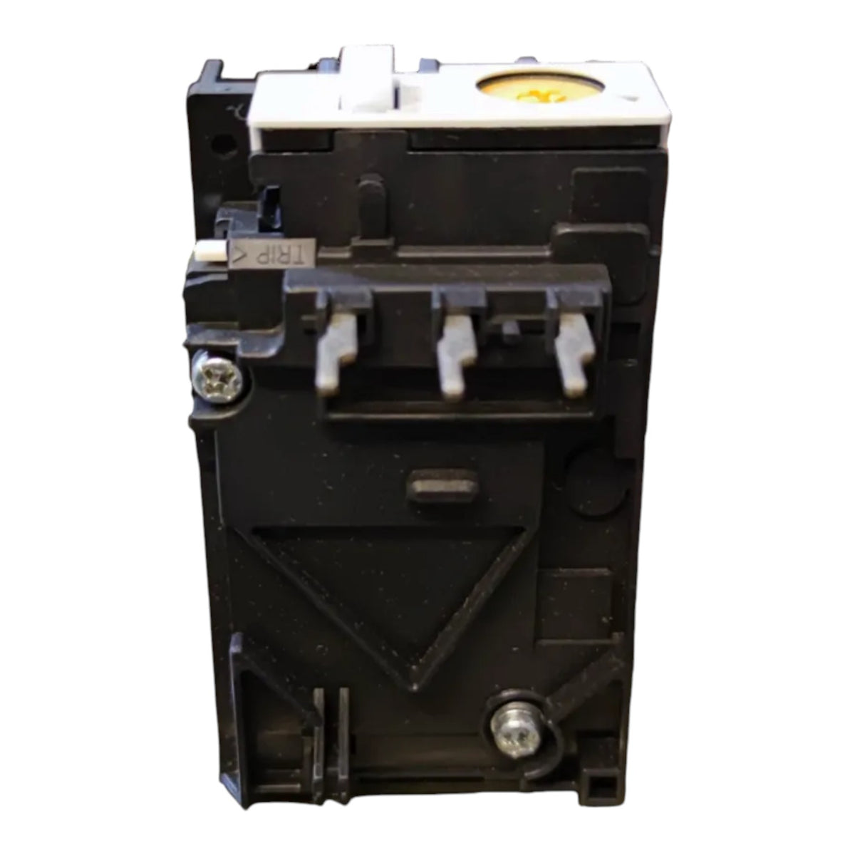 A black plastic electrical contactor or relay component with silver metal screws and terminal connectors, shown against a plain white background.