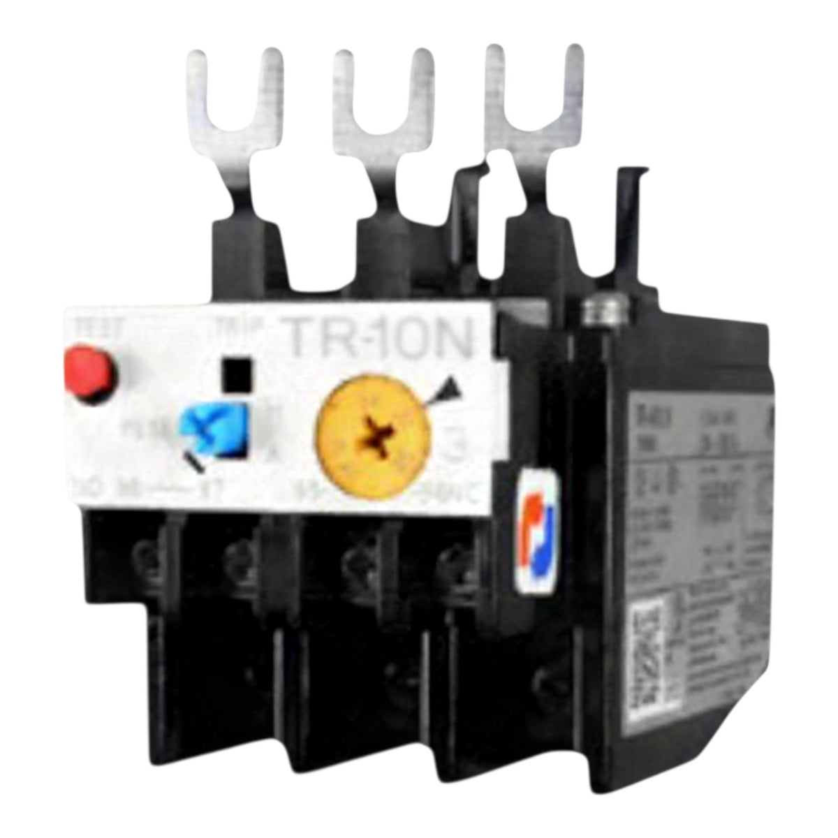 A black and white thermal overload relay, model TR-4N, featuring four silver metal terminal clips on top, a red reset button, and a yellow dial, shown against a plain white background.